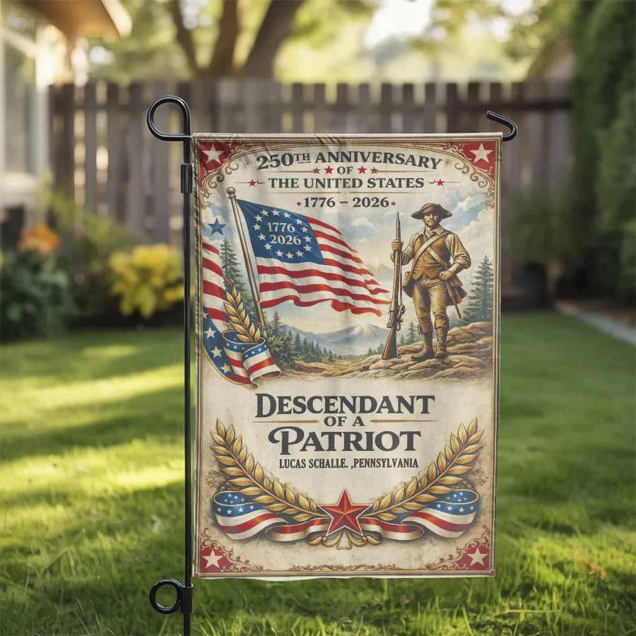 Patriotic Garden Flag | 250th Anniversary US 1776-2026 Descendant of a Patriot | Double-Sided Premium Polyester | Vintage Americana Yard Decor Gift