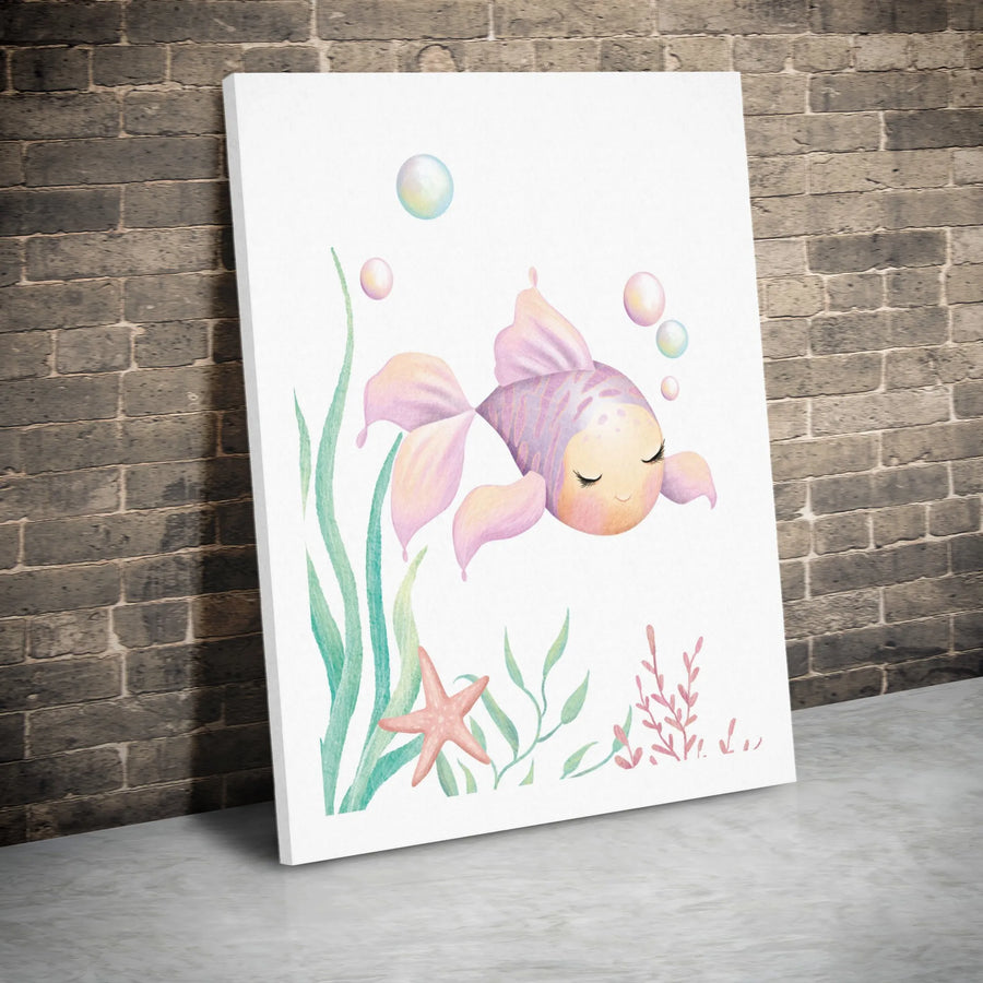 Watercolor Goldfish Canvas Wall Art | Cute Pastel Fish Illustration | Premium Fade-Resistant Print | Nursery Decor Gift for Kids Room or Bathroom