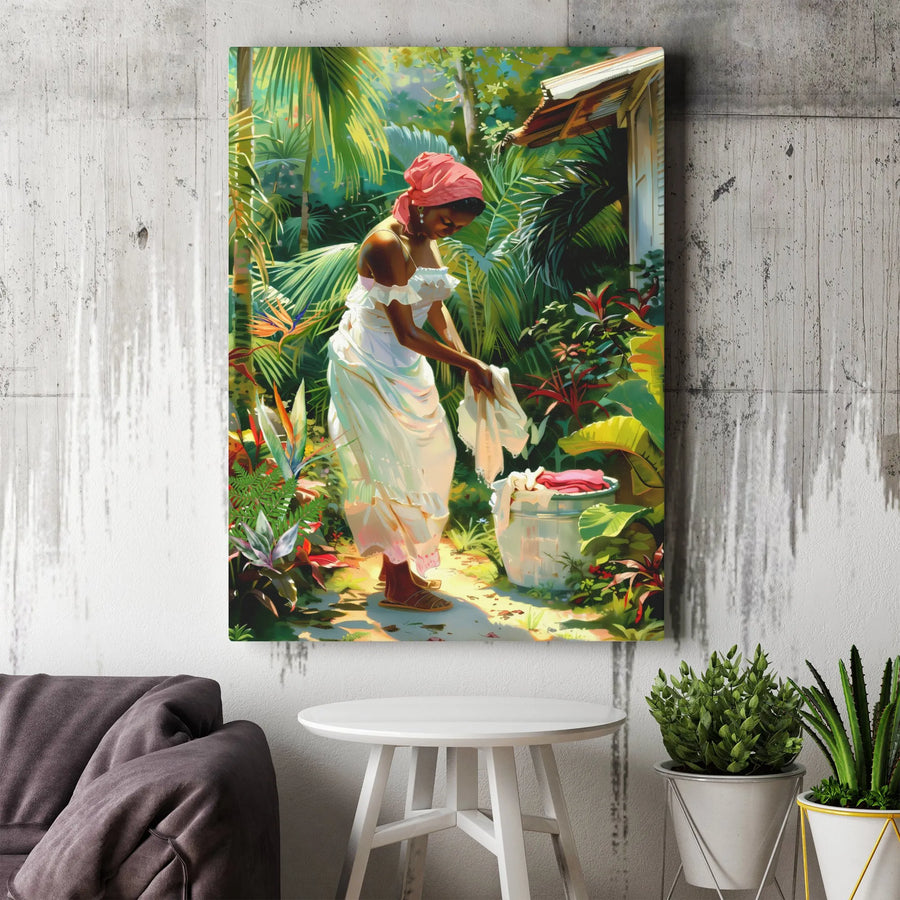 Black Woman Art Canvas | Tropical Garden Laundry Scene | Premium 1.25-Inch Gallery Wrap | African American Wall Decor