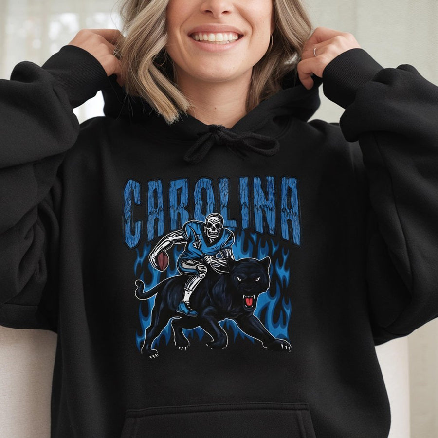 Carolina Skeleton Football Player Riding A Black Panther With Blue Flames Hoodie