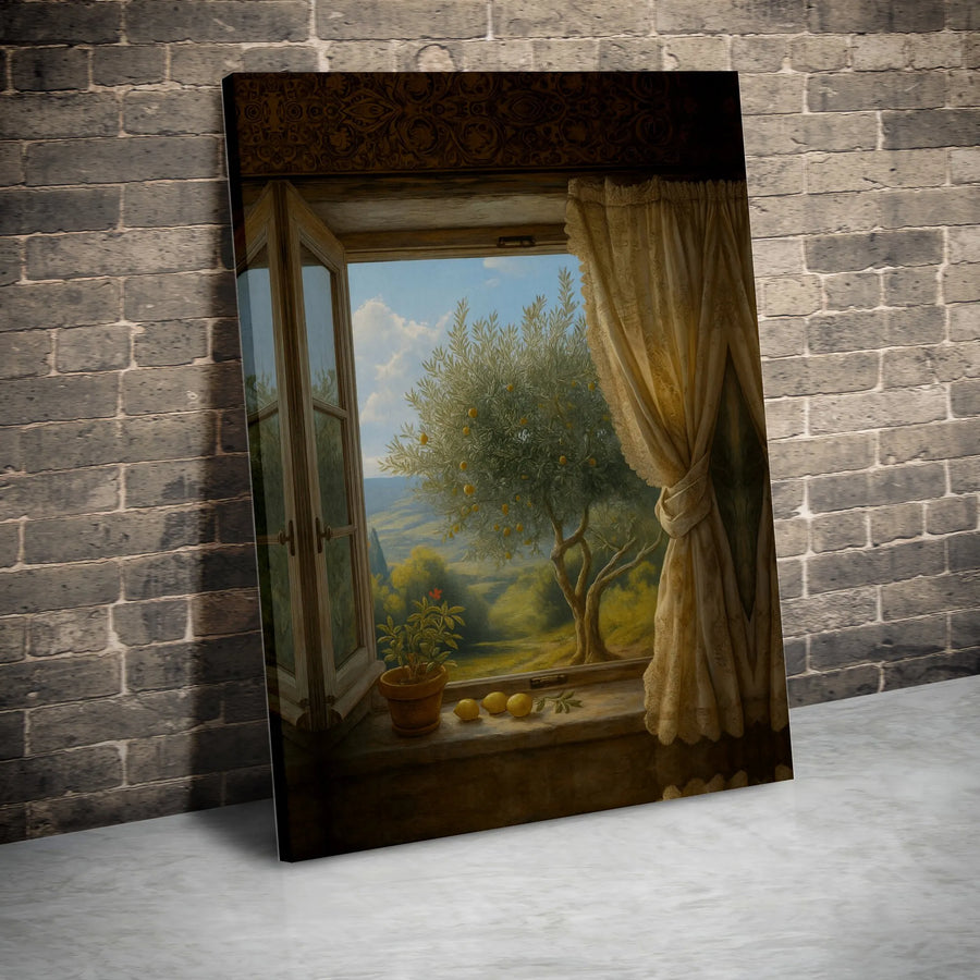 Tuscan Window Canvas Print | Mediterranean Lemon Tree Landscape | 1.25" Gallery Wrap Premium Decor | Italian Villa Wall Art Gift