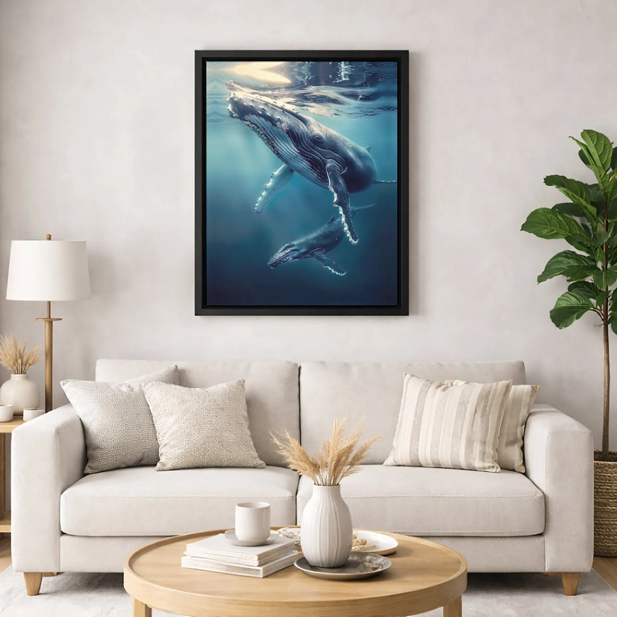 Humpback Whale Canvas Wall Art | Underwater Mother and Calf Scene | Premium Gallery-Wrapped Print | Coastal Living Room Decor Gift