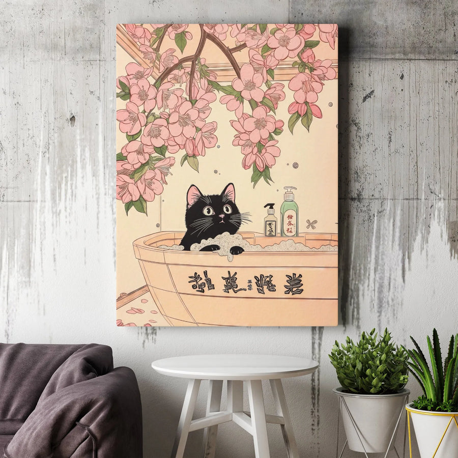 Japanese Ukiyo-e Black Cat Wall Art | Cherry Blossom Bathtub Illustration | Premium Gallery Wrap Canvas | Unique Cat Lover Gift Decor