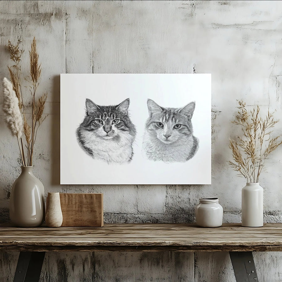 Cat Portrait Canvas Print | Realistic Pencil Sketch of Two Cats | Premium Gallery Wrapped Art | Modern Farmhouse Decor Gift for Cat Lover