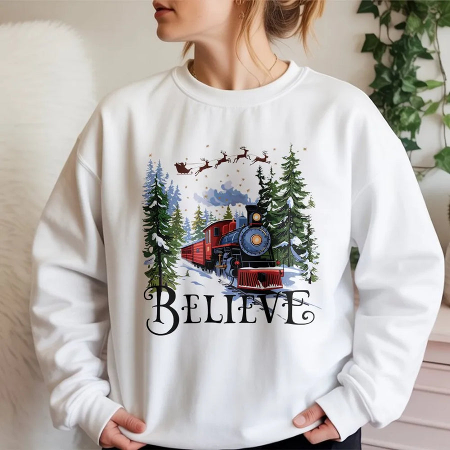 Believe Christmas Train Sweatshirt | Retro Holiday Graphic Sweater | Premium Cotton Blend | Magical Winter Apparel Gift for Adults