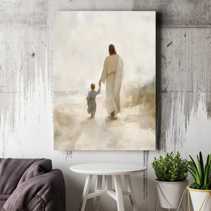 Jesus Walking with Child Canvas Wall Art | Christ Leading Boy on Beach Painting | Premium Christian Artwork | Inspirational Religious Home Decor Gift
