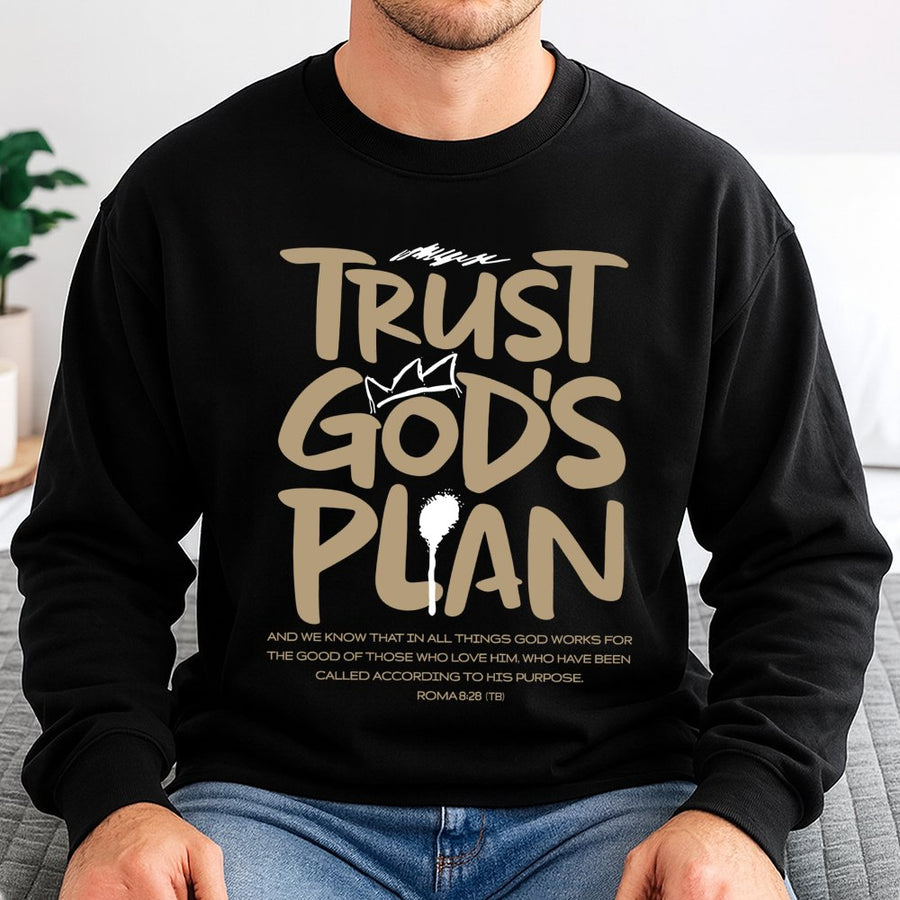 Trust God's Plan Sweatshirt | Romans 8:28 Christian Bible Verse Print | Premium Cotton Blend | Faith Based Gift For Men And Women