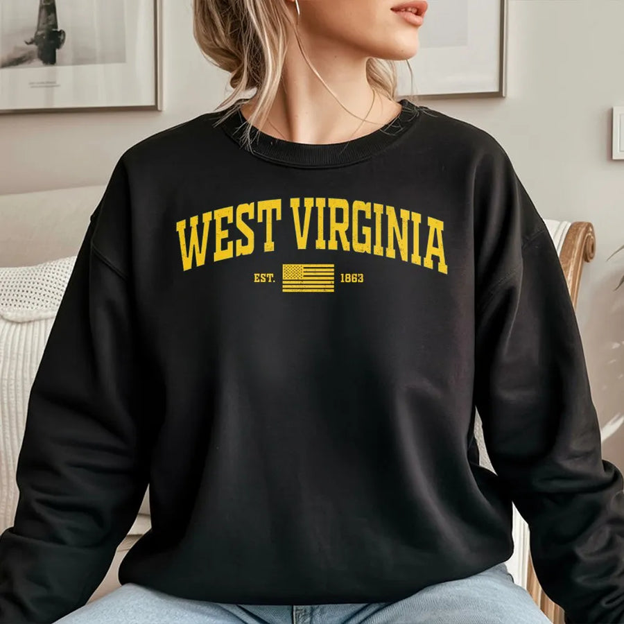 Vintage West Virginia Sweatshirt | Varsity Style Est. 1863 Graphic | Soft Cotton Blend Sweatshirt | State Pride Souvenir Gift for Men & Women