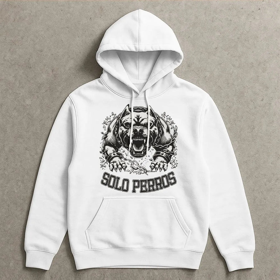 Solo Perros Pitbull Hoodie | Angry Dog Chain Graphic Streetwear | Premium Cotton Blend | Edgy Chicano Urban Fashion Gift For Men And Women