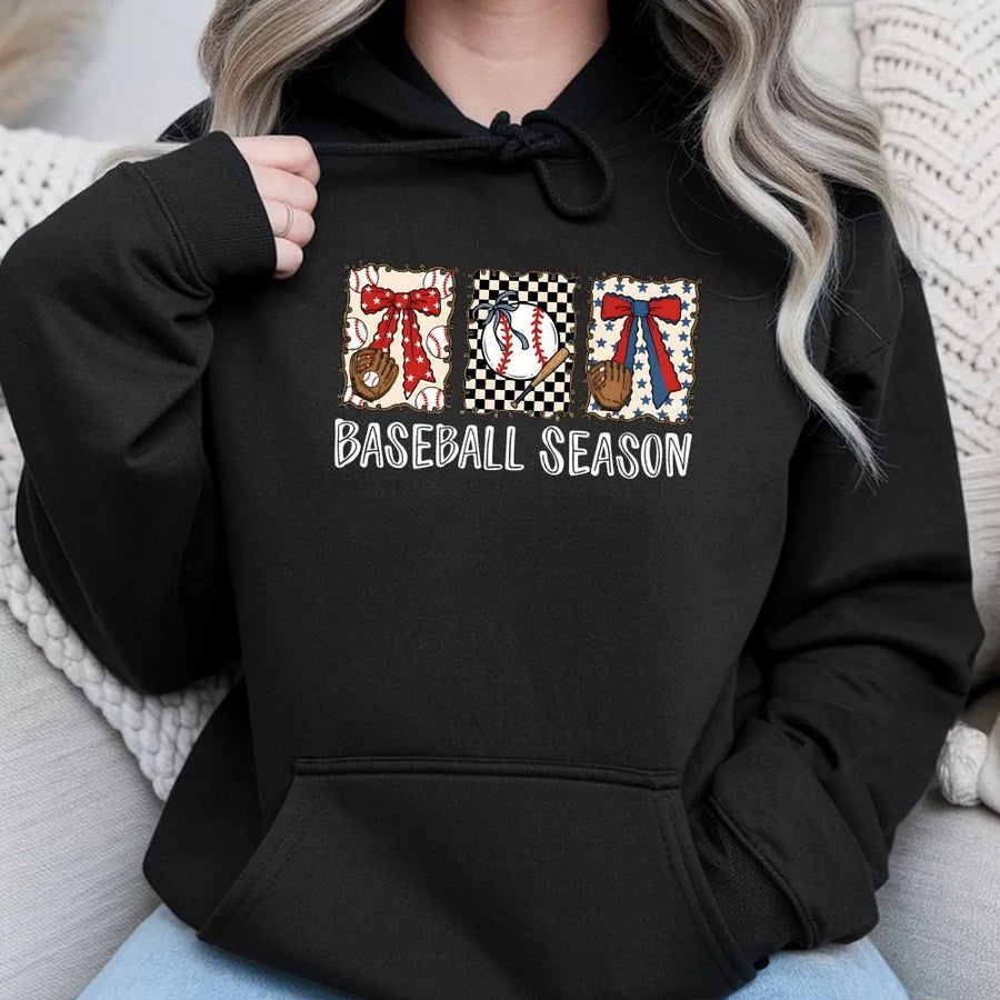 Baseball Season Hoodie | Retro Patriotic Bow Graphic Pullover | Soft Cotton Blend | Game Day Apparel Gift for Softball Mom