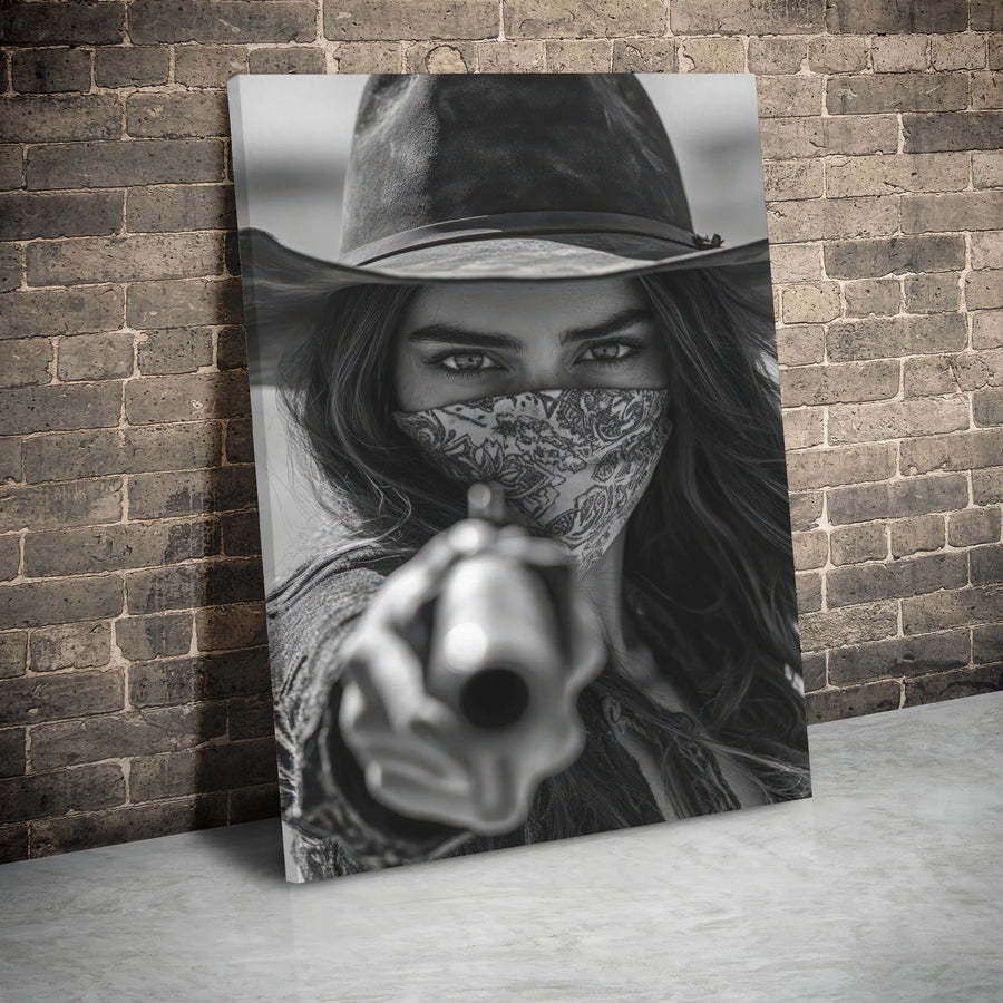 Cowgirl Outlaw Wall Art | Black and White Western Portrait | Gallery Wrapped Premium Canvas | Edgy Rustic Decor for Office or Living Room
