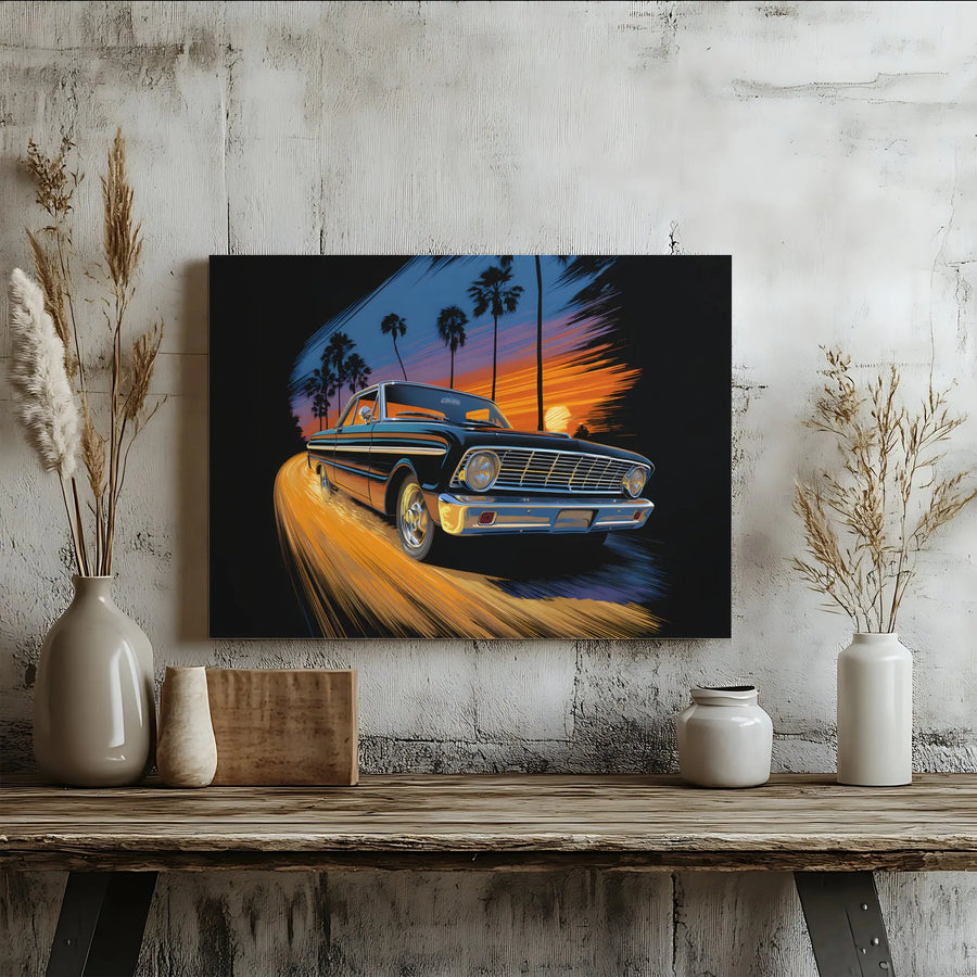Vintage Classic Car Wall Art | Retro Sunset Palm Trees Canvas Print | 1.25-Inch Gallery Wrap | Gift for Car Enthusiast