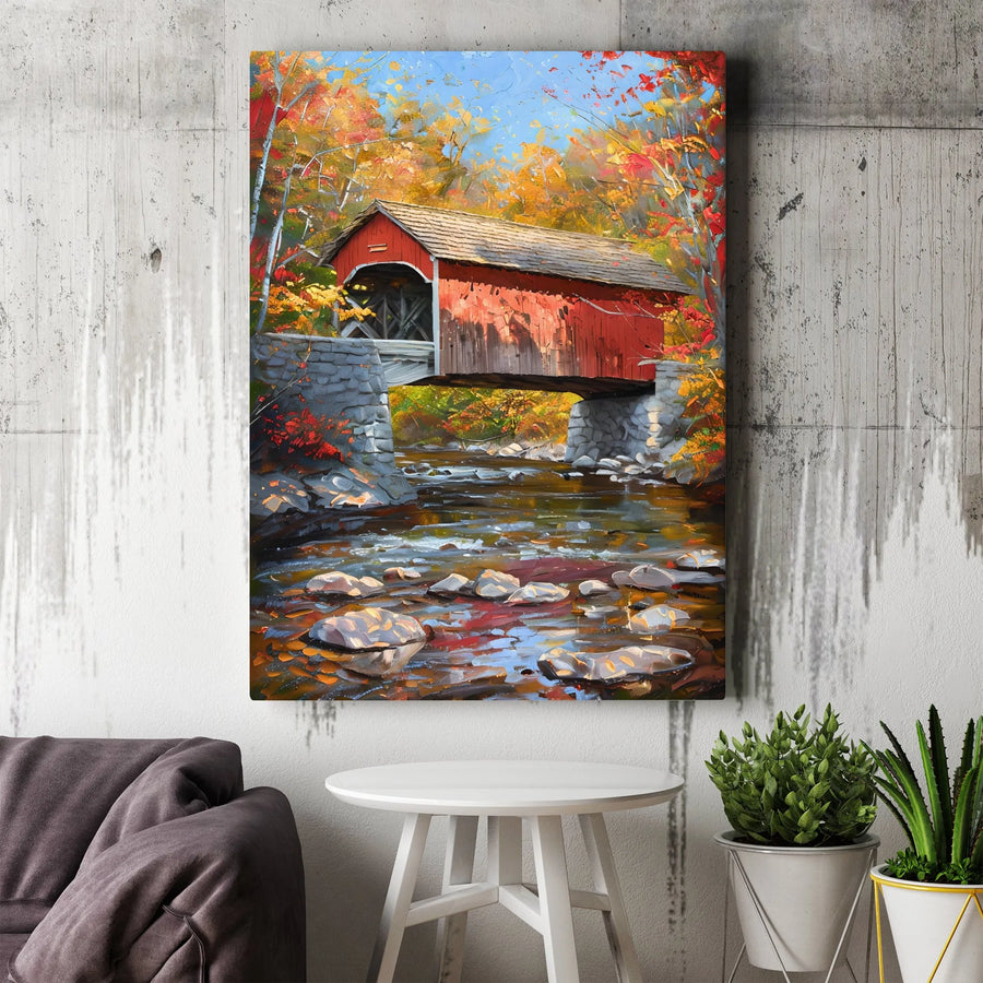 Red Covered Bridge Canvas Wall Art | Autumn Impressionist Forest Landscape | Premium Fade-Resistant Gallery Wrap | Scenic Country Home Decor Gift