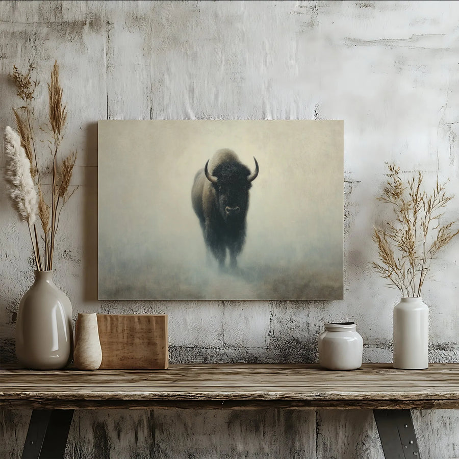 American Bison Wall Art | Misty Forest Landscape Canvas Print | Premium Gallery Wrapped Decor | Wildlife Nature Lover Gift