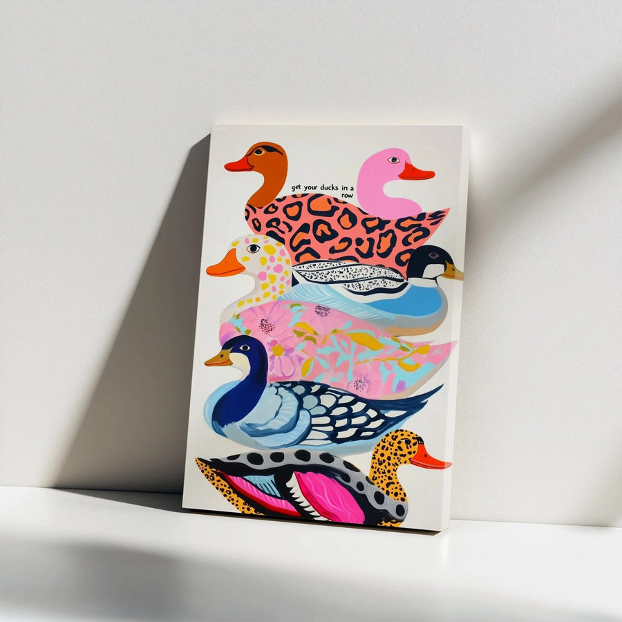 Get Your Ducks In A Row Vertical Canvas | Maximalist Pop Art Duck Print | Premium Gallery Wrapped Canvas | Funky Home Decor Gift