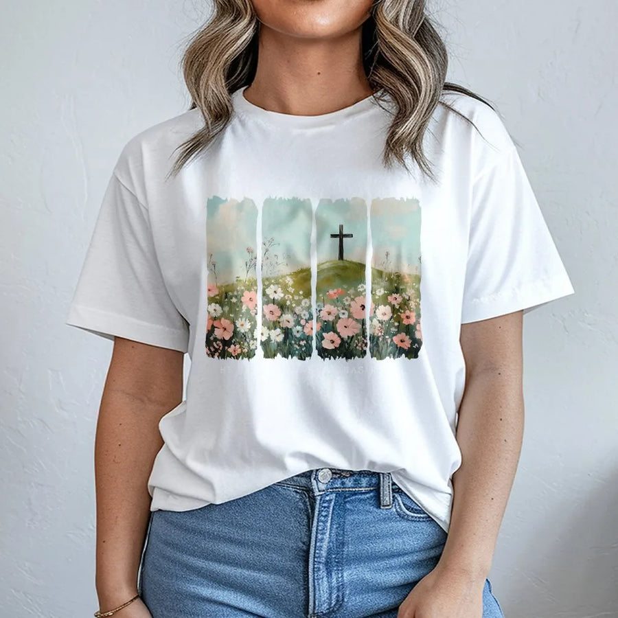He Is Risen T-Shirt | Floral Cross Easter Art Design | 100% Cotton Premium Apparel | Religious Gift for Christian Women and Men