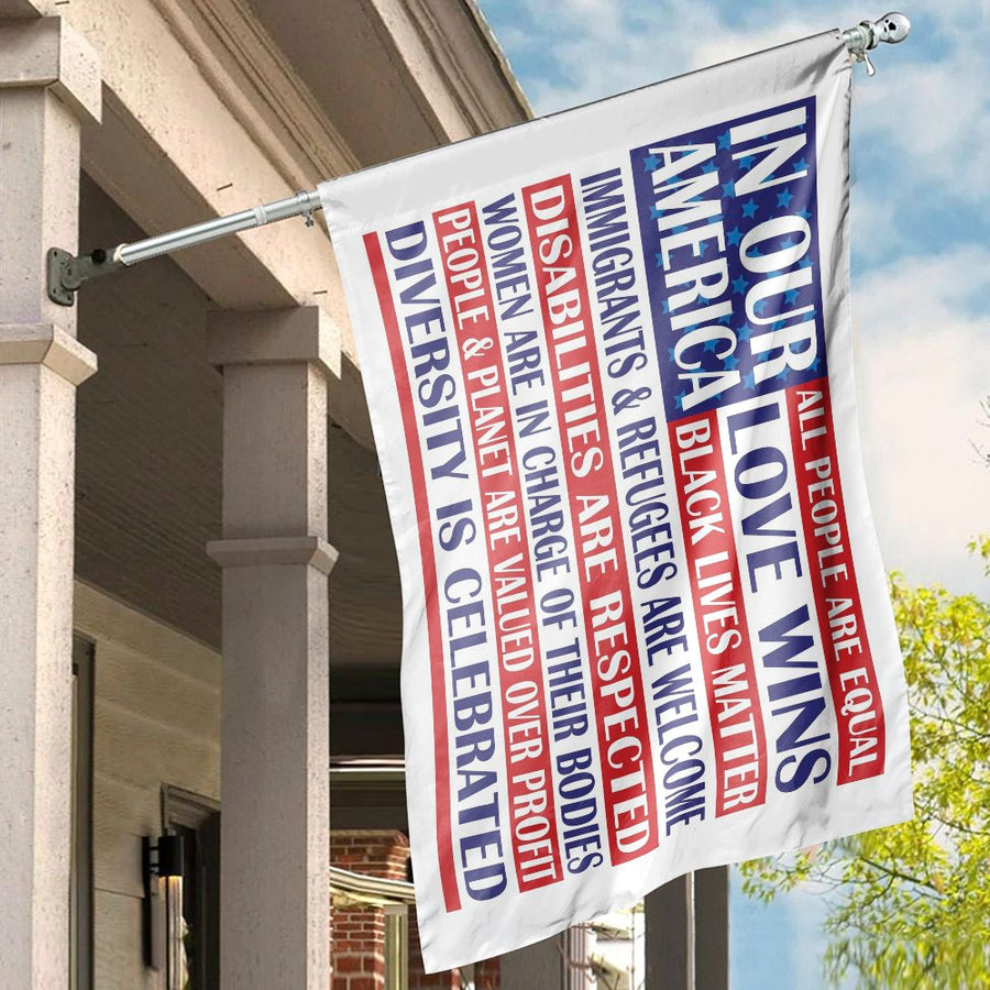 In Our America House Flag | Social Justice Values Banner | Premium Weather-Resistant Polyester | Progressive Home Garden Decor Gift