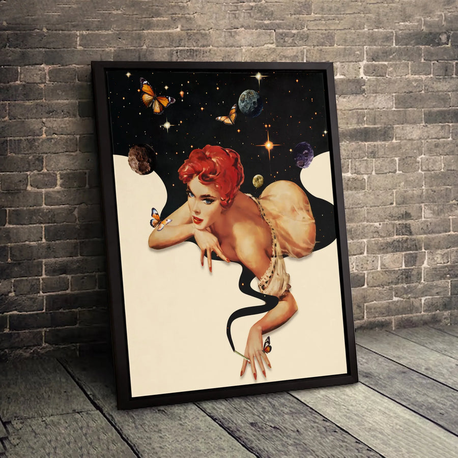 Vintage Pin Up Space Art Canvas | Surreal Retro Girl with Butterflies | Gallery-Wrapped Premium Wall Decor | Unique Gift for Her Bedroom Office