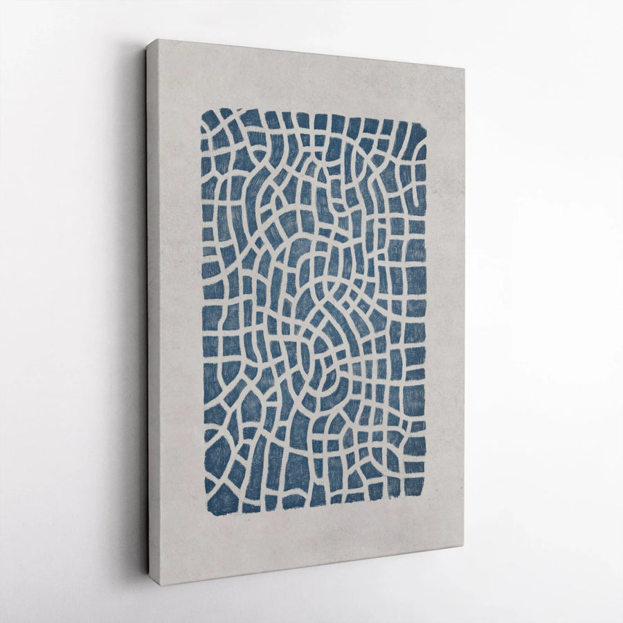 Abstract Blue Grid Canvas Print | Modern Geometric Linocut Art | 1.25-Inch Gallery Wrapped Wall Decor | Minimalist Home Office Statement Piece