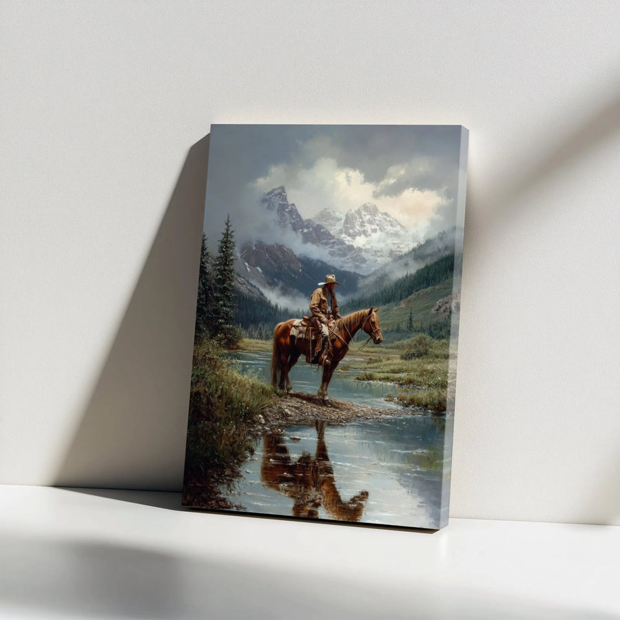 Western Cowboy Canvas Print | Mountain River Landscape Art | Gallery Wrapped Premium Wall Decor | Rustic Lodge Gift for Men