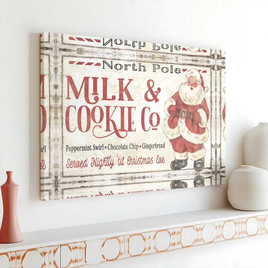 Vintage Santa Christmas Canvas Wall Art | North Pole Milk and Cookie Co Sign | 1.25 Inch Gallery Wrap | Farmhouse Holiday Home Decor Gift