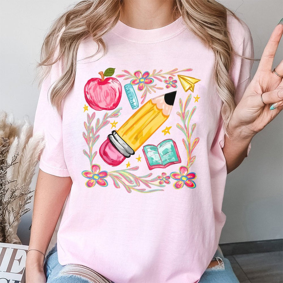 Floral Teacher Pencil T-Shirt | Coquette School Supplies Graphic | 100% Cotton Premium Tee | Back To School Gift For Educators