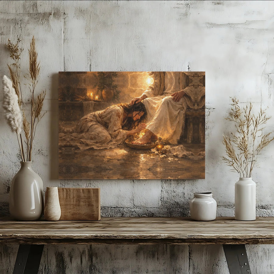 Jesus Washing Feet Canvas Art | Mary Magdalene & Christ Bible Scene | Premium Gallery Wrapped Print | Christian Home Decor Religious Gift
