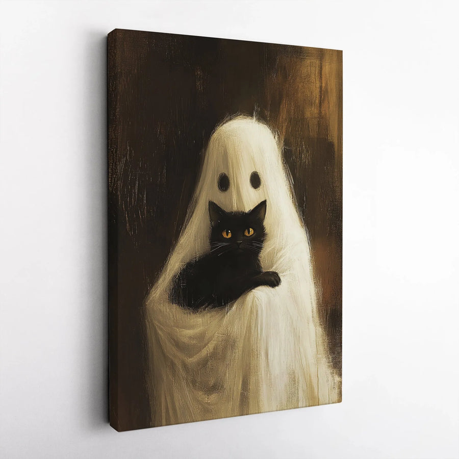 Black Cat Ghost Canvas Wall Art | Spooky Cute Halloween Decor | Premium Gallery Wrap Print | Whimsical Gothic Gift For Cat Lovers