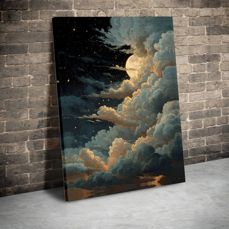 Night Sky Moon Canvas Wall Art | Celestial Cloud Painting | Premium Gallery Wrap Print | Dreamy Bedroom Living Room Home Decor
