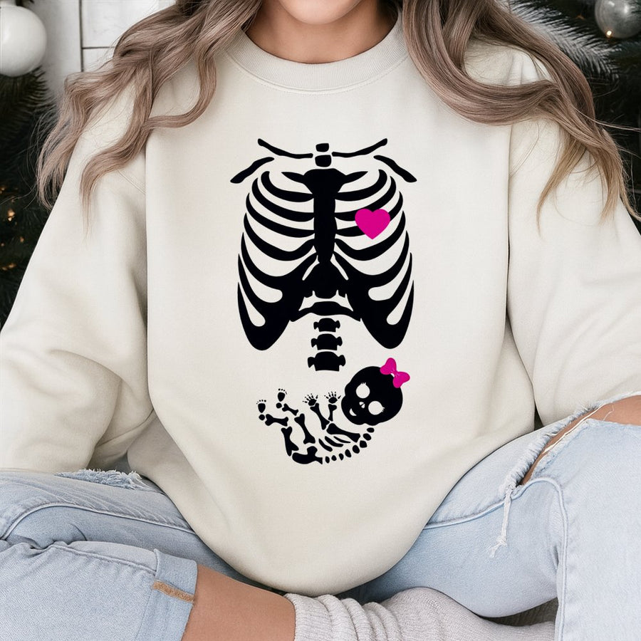 Pregnant Skeleton Sweatshirt | Baby Girl Skeleton Graphic | Premium Cotton Blend | Funny Halloween Maternity Shirt Gift for Expecting Mom