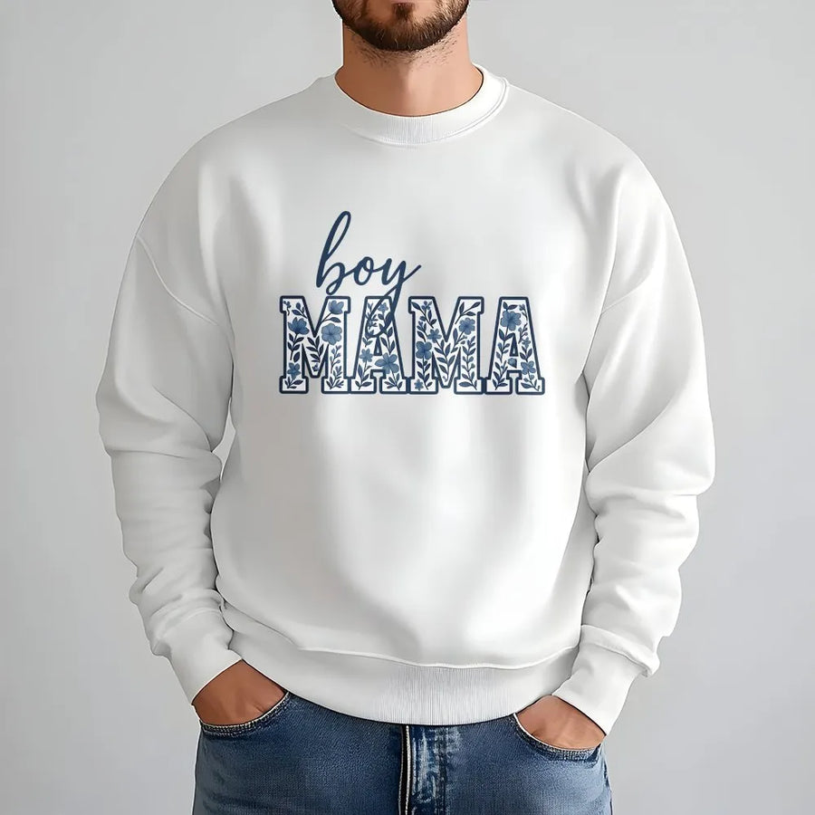 Boy Mama Shirt with Blue Toile Floral Print | Soft Cotton Tee | Mother's Day Gift for Mom of Boys | Pregnancy Announcement Top