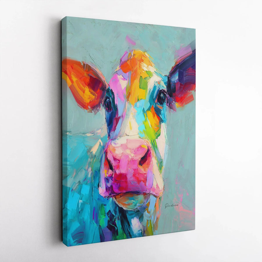 Colorful Abstract Cow Canvas Wall Art | Impasto Farmhouse Animal Print | Gallery Wrapped Premium Quality | Vibrant Decor for Kitchen or Nursery