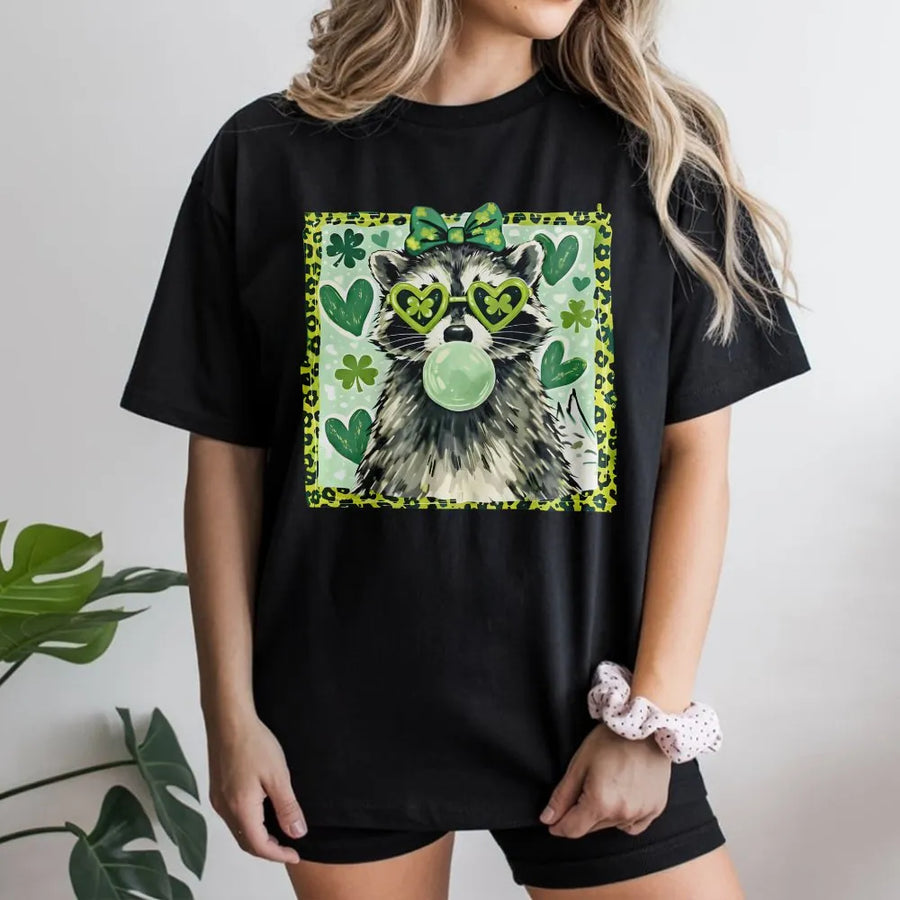 Lucky Raccoon T-Shirt | St. Patrick’s Day Shamrock Heart Sunglasses Design | Premium 100% Cotton | Cute Irish Gift for Men and Women