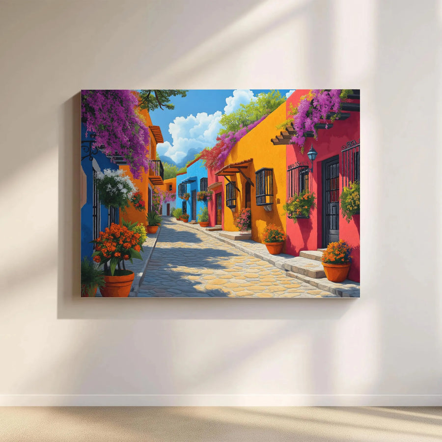 Colorful Mexican Village Canvas Print | Vibrant Cobblestone Street Decor | Premium 1.25-inch Gallery Wrap | Mediterranean Wall Art for Home