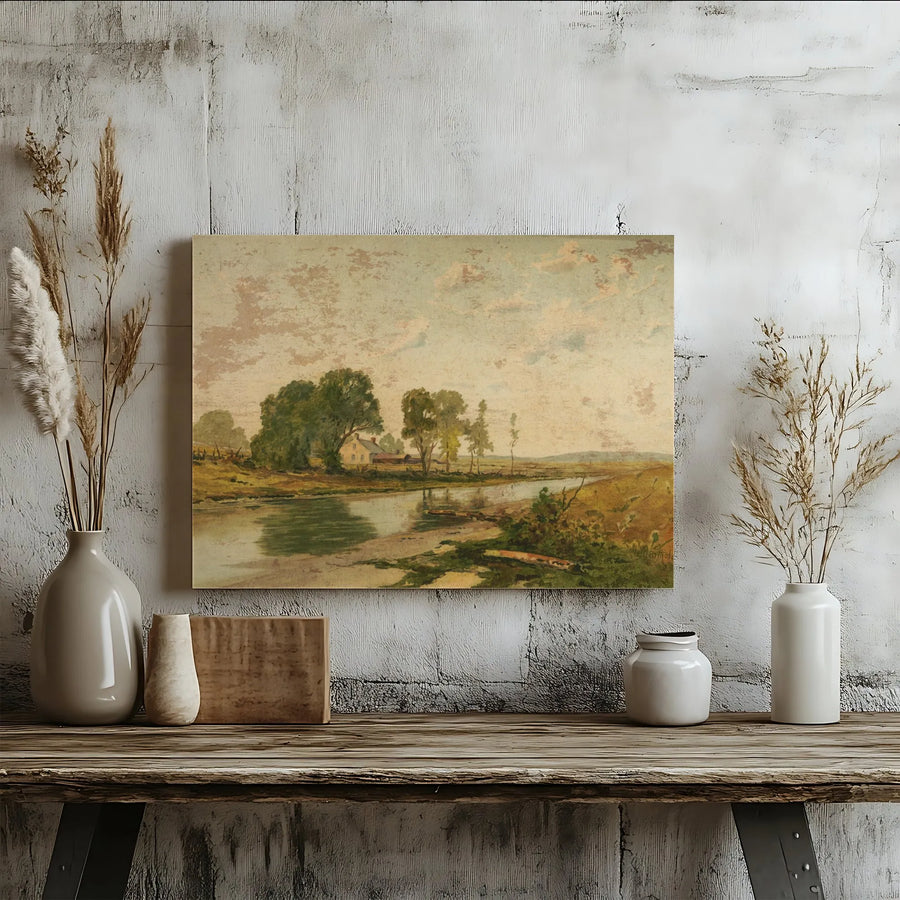Vintage River Landscape Canvas | Antique Farmhouse Countryside Art | Gallery-Quality 1.25 Inch Thick Wrap | Wall Decor for Living Room or Office