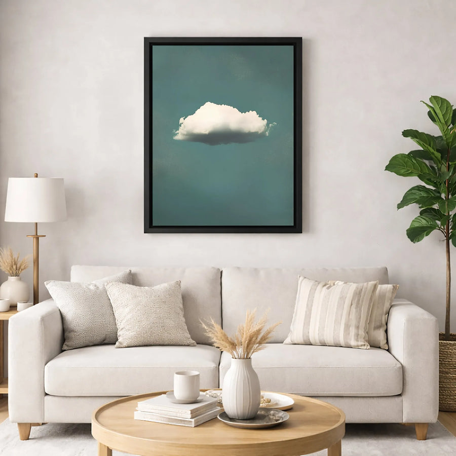 Minimalist Cloud Canvas Wall Art | Single White Cloud Teal Sky | Premium Gallery Wrapped Print | Modern Home Decor Gift For Bedroom Or Office