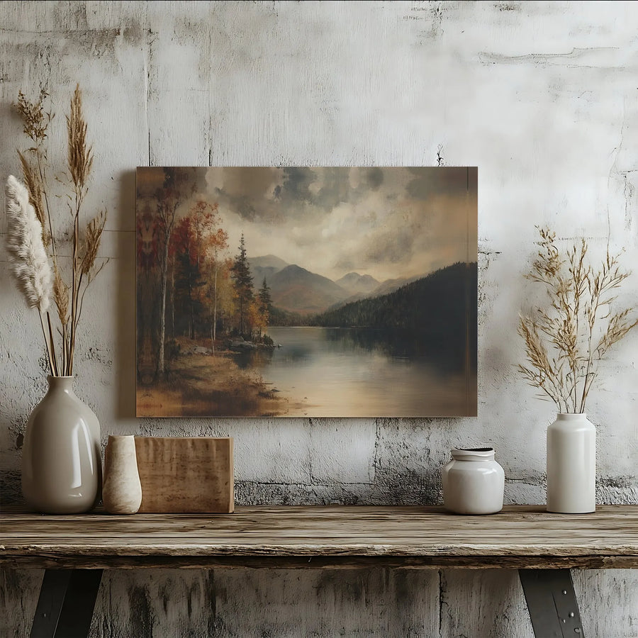 Autumn Mountain Lake Canvas Wall Art | Moody Forest Oil Painting Print | Premium Gallery Wrapped Canvas | Rustic Cabin & Farmhouse Decor Gift