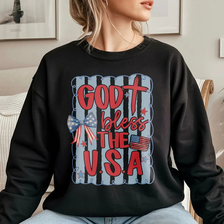 God Bless The USA Sweatshirt | Patriotic Coquette Bow Graphic | Soft Cotton Blend | Christian 4th of July Gift For Women