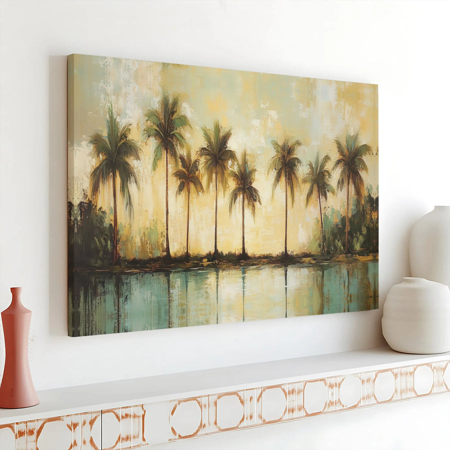 Tropical Palm Trees Canvas Wall Art | Vintage Coastal Seascape Painting | Premium Gallery Wrapped Print | Living Room Beach House Decor