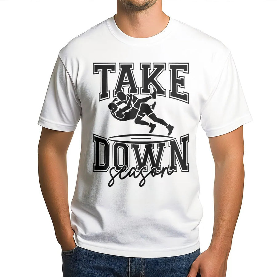 Take Down Season Wrestling T-Shirt | Distressed Graphic Print | Premium Soft Cotton Blend | Gift for Wrestler, Wrestling Mom & Dad Fans
