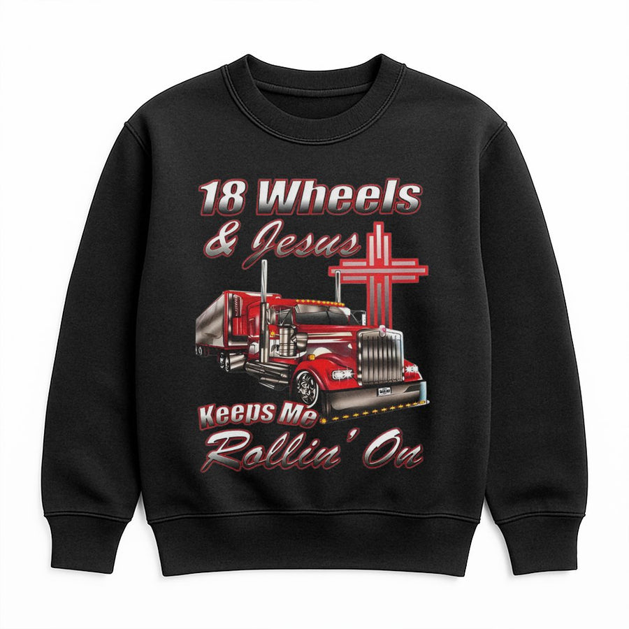 18 Wheels and Jesus Keeps Me Rollin On Sweatshirt | Truck Driver Graphic Design | Premium Cotton Blend | Gift for Truckers and Long Haul Drivers
