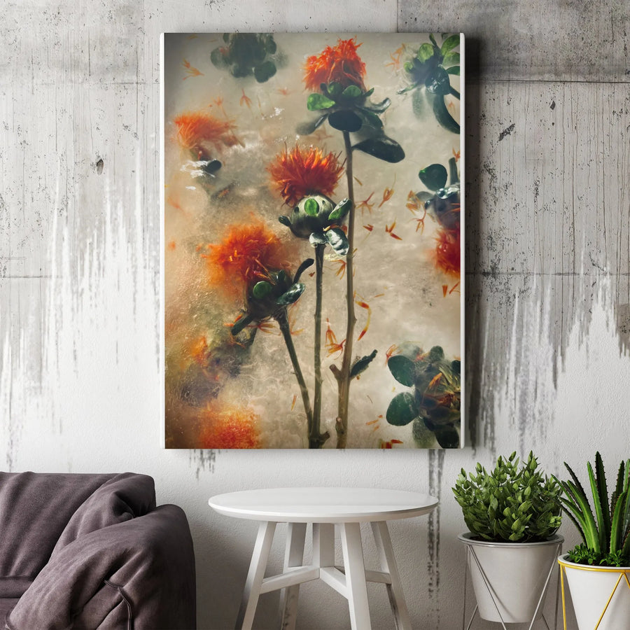 Orange Botanical Canvas Print | Abstract Frozen Floral Photography | Gallery Quality 1.25" Deep Canvas | Premium Art Gift for Modern Home