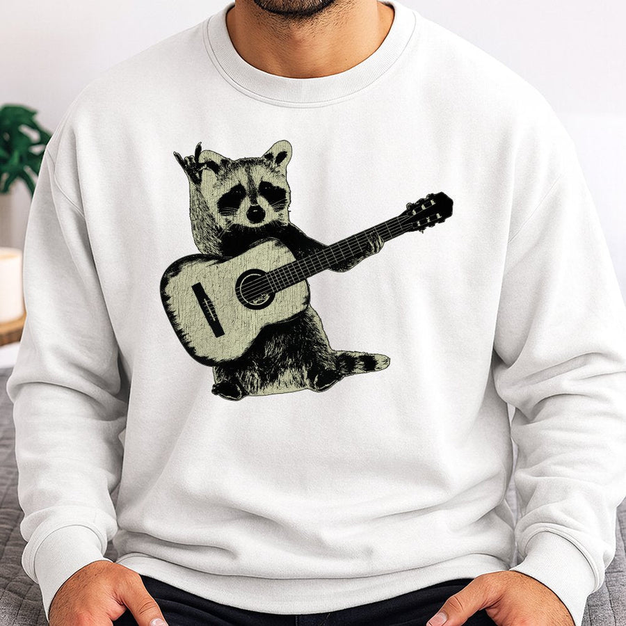 Raccoon Playing Guitar Sweatshirt | Funny Folk Music Graphic | Cotton Blend Premium Crewneck | Unique Musician Gift for Men and Women