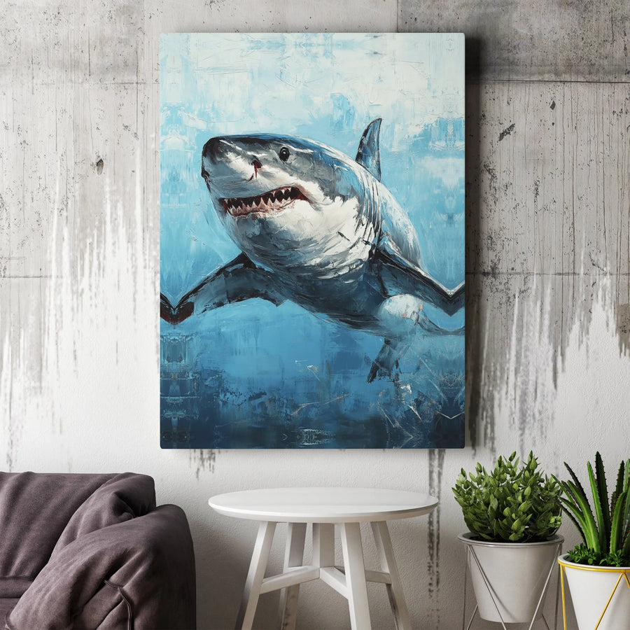 Great White Shark Canvas Wall Art | Abstract Ocean Predator Oil Painting Style | Premium 1.25" Gallery Wrap | Marine Life Home Decor Gift