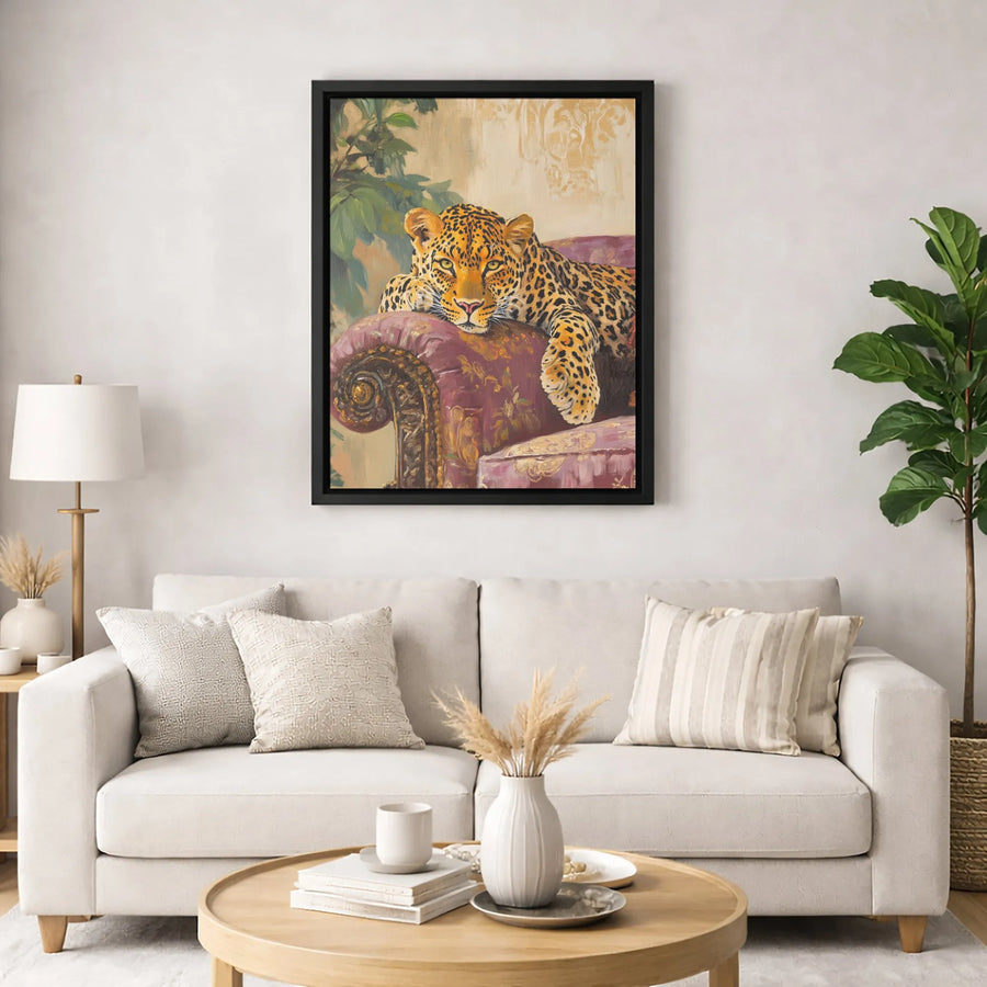 Leopard On Vintage Sofa Canvas Wall Art | Whimsical Animal Portrait | Premium Fade-Resistant Print | Elegant Home Office Decor Gift