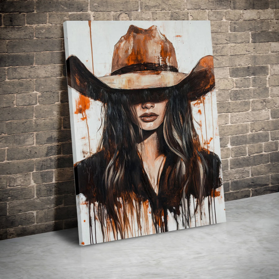 Abstract Cowgirl Canvas Art | Dripping Paint Western Portrait | Premium Gallery Wrapped Wall Decor | Southwestern Boho Home Office Gift