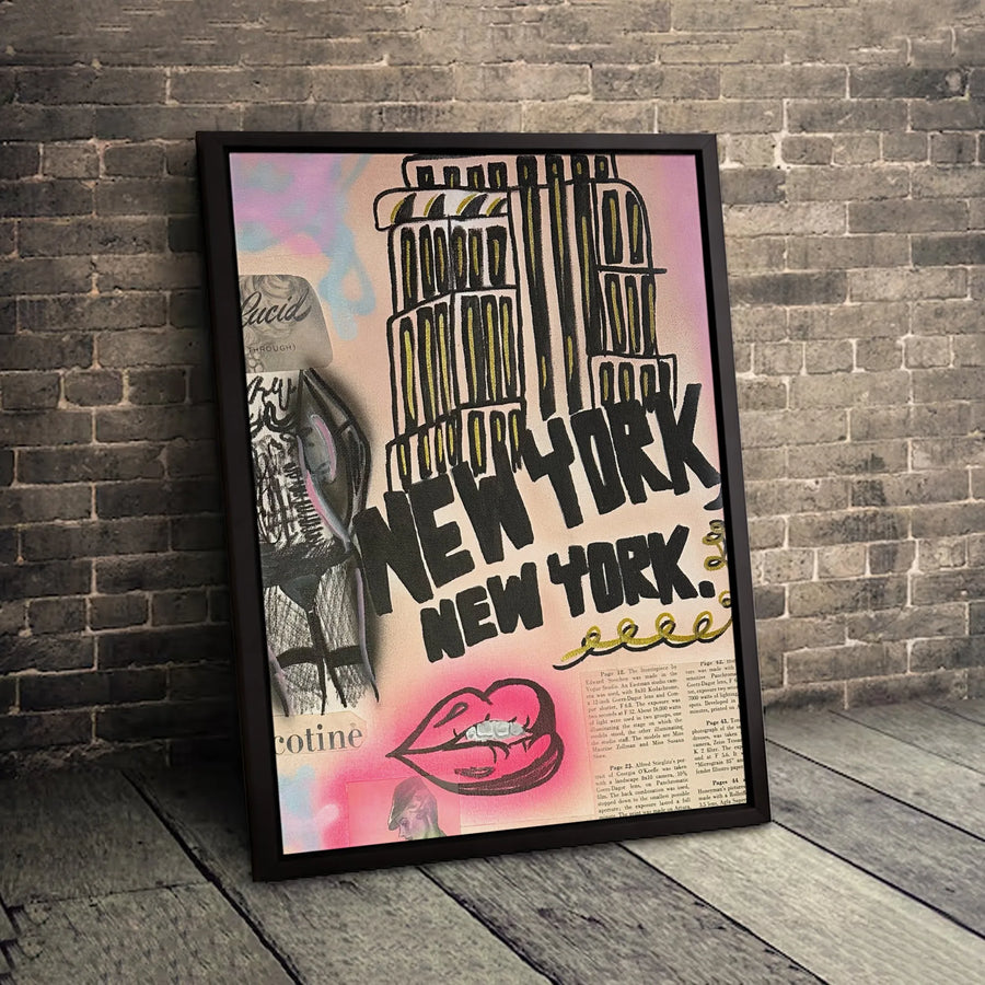 New York City Wall Art | Graffiti Skyscraper & Lips Poster | Premium Gallery-Wrapped Canvas | Edgy Urban Home Decor Gift