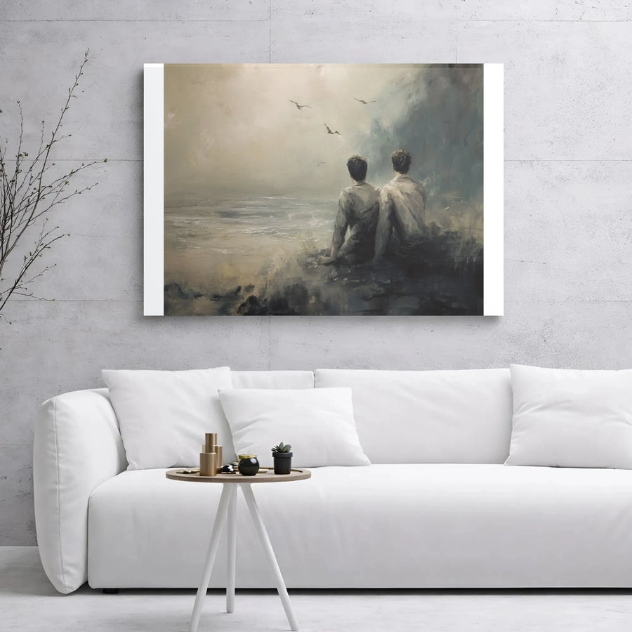 Seascape Wall Art | Two Men Sitting on Cliff Painting | Premium Gallery Wrapped Canvas | Moody Ocean Decor for Living Room or Office Gift