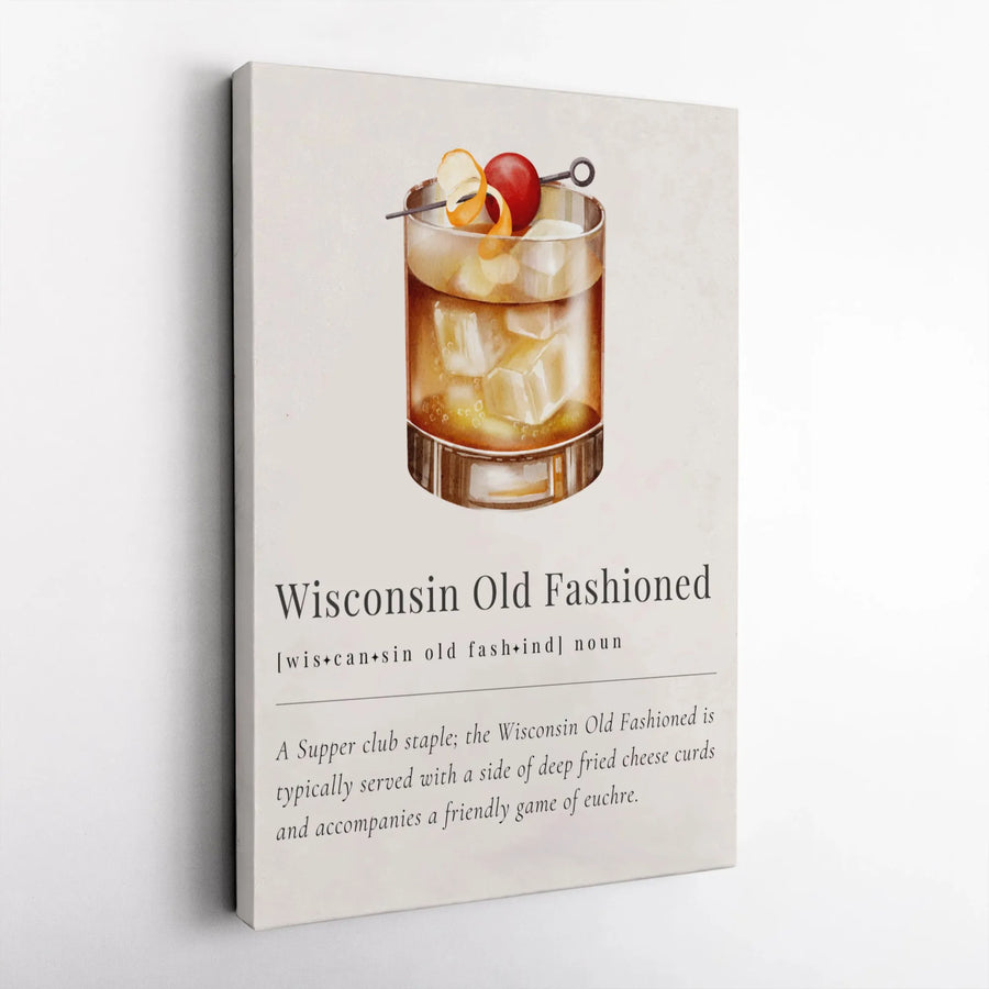 Wisconsin Old Fashioned Definition Art | Supper Club Cocktail Illustration | Premium Gallery Wrapped Canvas | Wisconsin Gift for Bartender