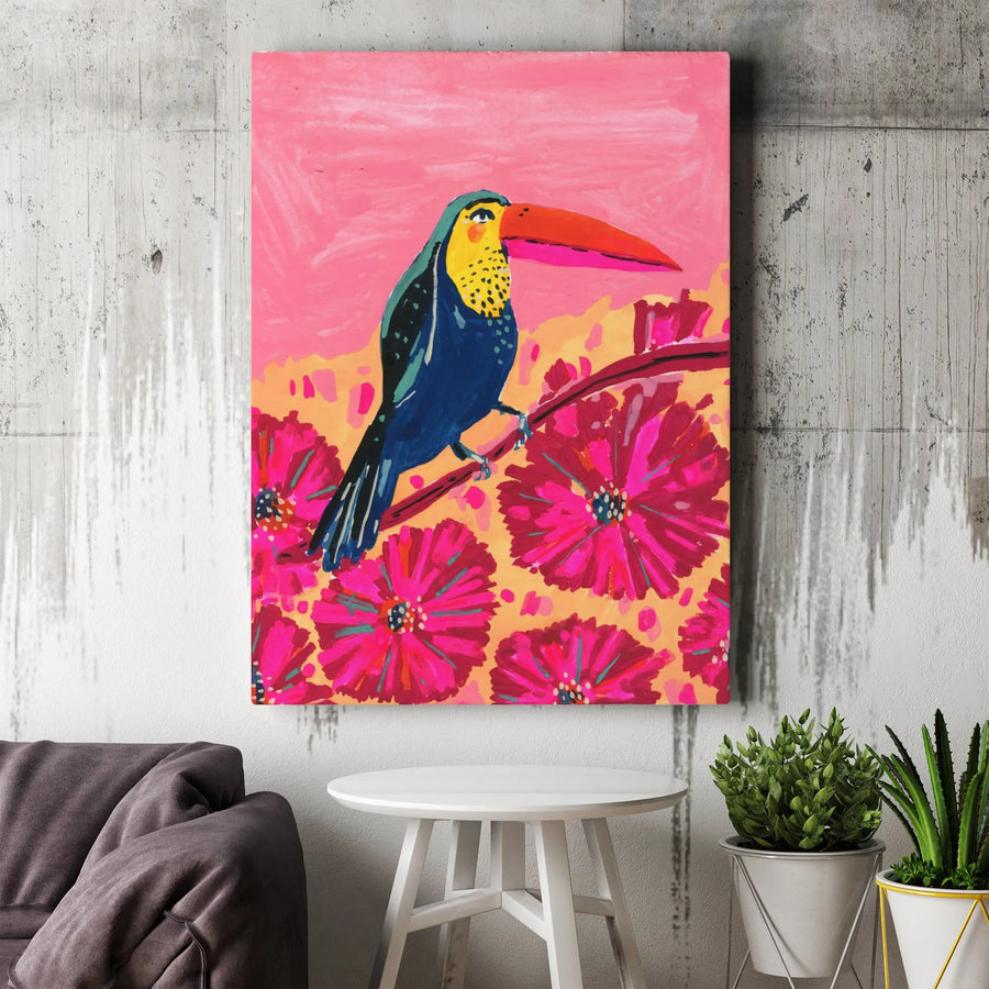 Vibrant Toucan Canvas Wall Art | Colorful Tropical Bird & Floral Painting | Premium Thick Gallery Wrap | Boho & Tropical Home Decor Gift